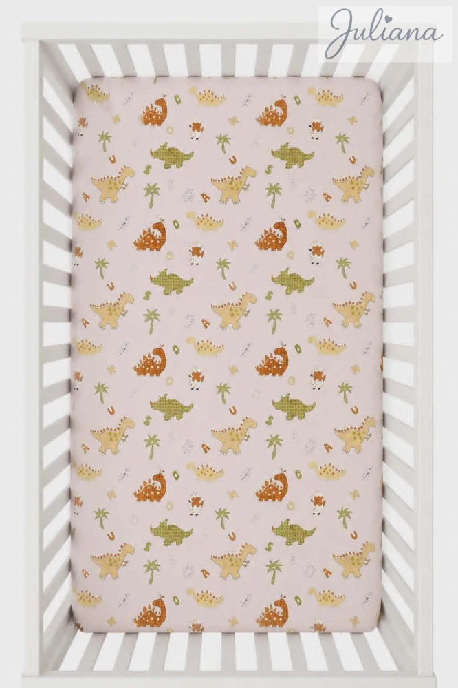 Bavlněné prostěradlo do postýlky 60 x 120 cm - Dinosauři na růžové