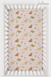 Bavlněné prostěradlo do postýlky 60 x 120 cm - Dinosauři na růžové